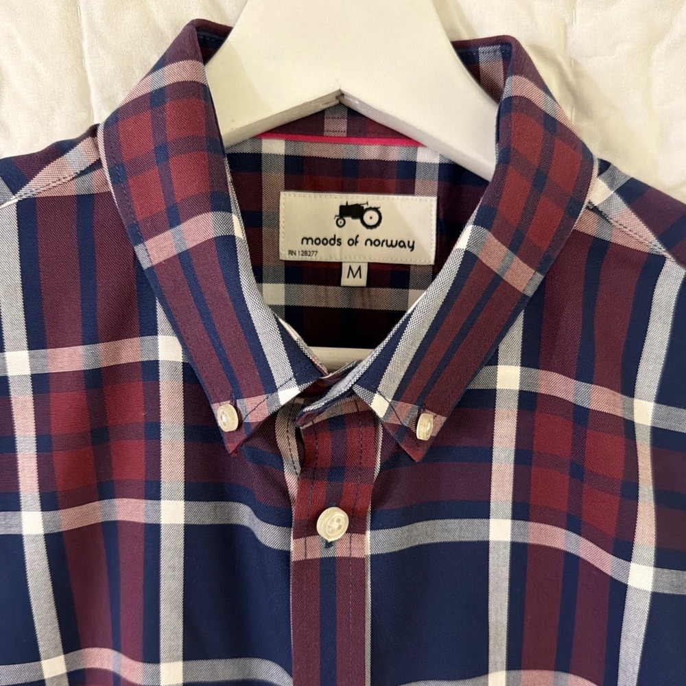 Moods of Norway Mens MediumPlaid Button Down Shirt Navy Burgundy White Cotton